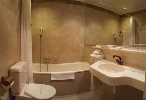 拉绍德封弗乐德里斯酒店 的带浴缸、卫生间和盥洗盆的浴室