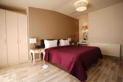 伊斯坦布尔希什利家庭酒店的一间卧室配有一张带红色毯子的大床