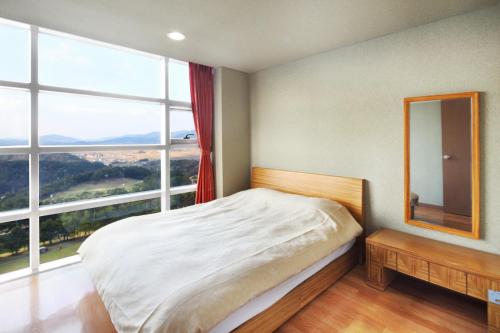 庆州庆州韩华度假村的一间卧室设有一张床和一个大窗户