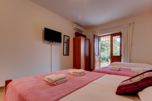 蒂瓦特佩特科维奇一室公寓酒店的一间卧室设有两张床,墙上配有电视。