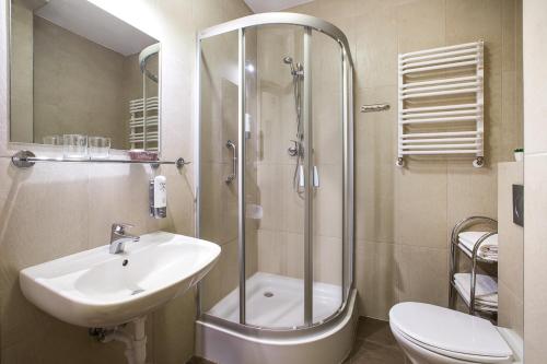 波德古任康坎迪亚酒店的带淋浴、盥洗盆和卫生间的浴室