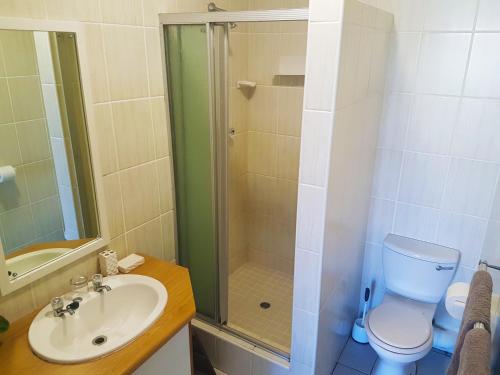 马盖特Dumela Margate Flat No 8的带淋浴、卫生间和盥洗盆的浴室