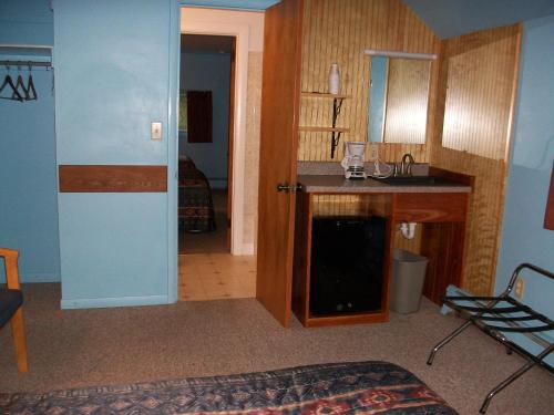库珀斯敦Mohican Motel的客房设有带柜台和桌子的厨房