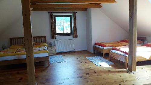 霍尼普拉纳Horní Planá的一间卧室设有两张床和窗户。