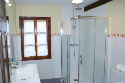 OjacastroCasa Rural Ugarte Ojacastro的一间带玻璃淋浴和水槽的浴室