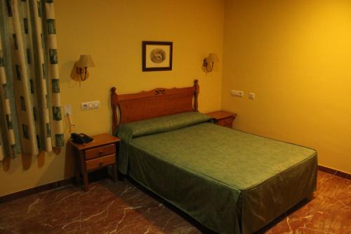 圣地亚哥德拉里贝拉Hotel Albohera的一间卧室配有一张带绿色床罩和桌子的床。