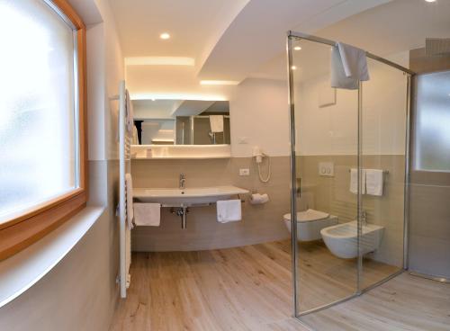 塞尔瓦迪加尔代纳山谷Hotel Silvana的带淋浴、盥洗盆和卫生间的浴室
