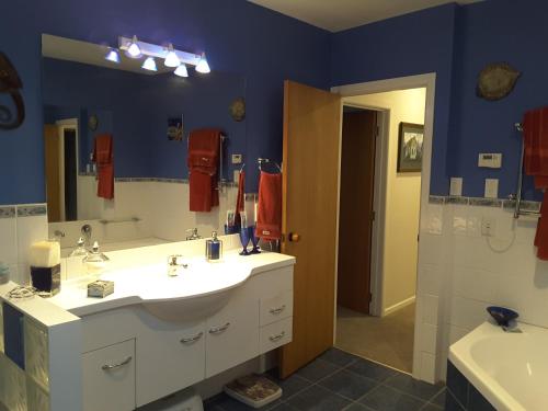 怀希比奇Beach B&B的浴室配有盥洗盆、镜子和浴缸