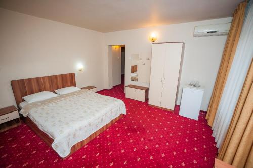 比斯特里察Vila Romance的酒店客房,配有床铺和红地毯