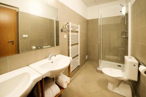佩尔赫日莫夫法玛酒店的一间带水槽、卫生间和淋浴的浴室
