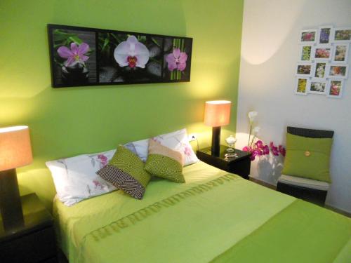 洛斯克里斯蒂亚诺斯海滩度假屋的绿色卧室配有带枕头的床