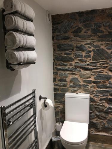 兰戈伦Riverside Suites Llangollen的浴室配有白色卫生间和石墙。