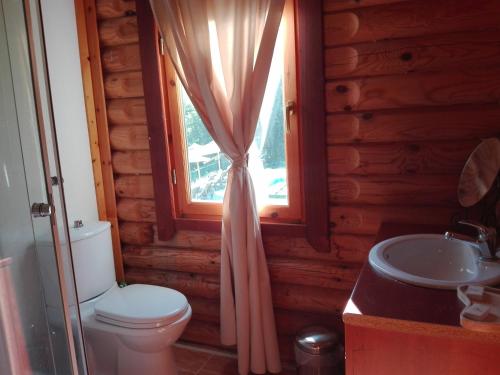 Mousthéni狄俄尼索斯村度假酒店的一间带卫生间、水槽和窗户的浴室