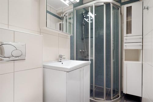 卑尔根布吕根美景公寓的白色的浴室设有水槽和淋浴。