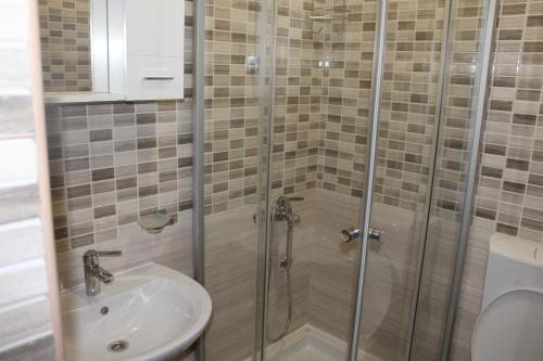 普卢日内Guesthouse Eko Piva的带淋浴和盥洗盆的浴室