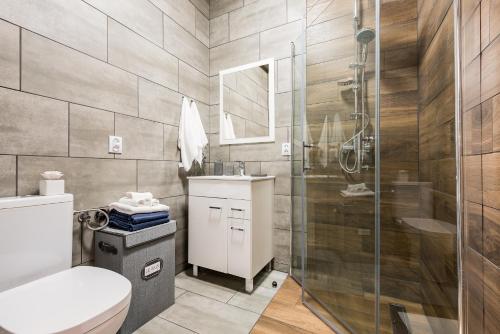 卡托维兹Stylowy apartament的带淋浴、卫生间和盥洗盆的浴室