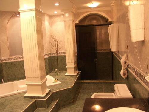 伊瓜苏港Orquideas Hotel & Cabañas的带浴缸、卫生间和盥洗盆的浴室