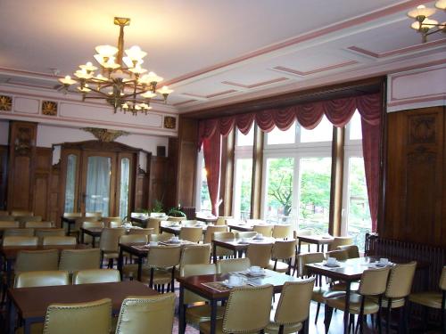 布鲁塞尔曼哈顿酒店的一间带桌椅和吊灯的用餐室