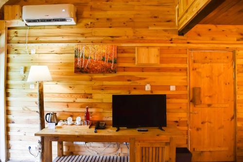 ShogiSuro Treehouse Resort的木墙客房,桌子上配有电视