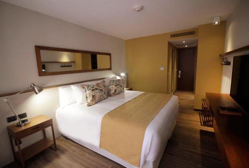 蒙得维的亚波托布西奥酒店的配有一张大床和镜子的酒店客房