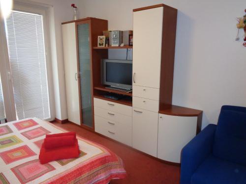 摩拉瓦托普利采Apartment Maja Moravske Toplice的一间卧室配有电视和一张带红色枕头的床