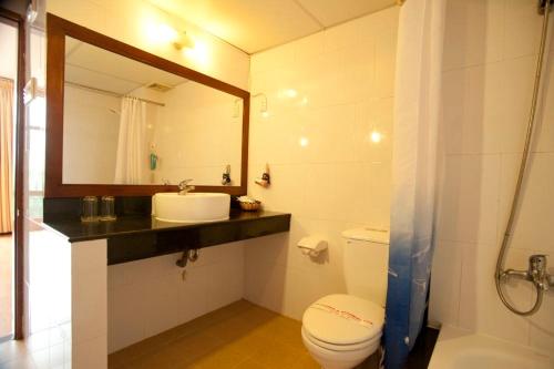 邦美蜀丹圣酒店的一间带卫生间、水槽和镜子的浴室