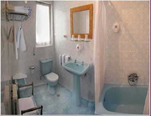 奥耶多Hostal Toscana的浴室配有盥洗盆、卫生间和浴缸。