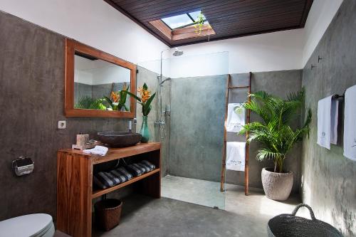 克罗柏坎3BR Villa Erja - Minggu Villas的带淋浴、卫生间和镜子的浴室