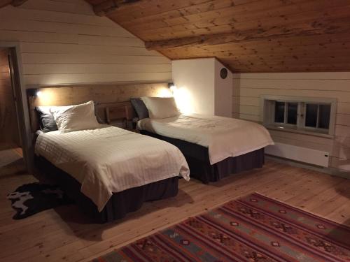 NorråkerMarjas stuga的一间位于地毯的房间内的卧室,配有两张床