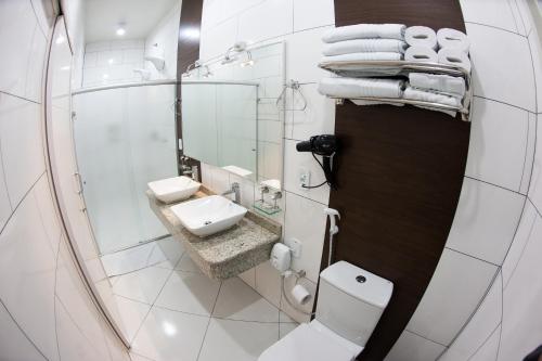 CapanemaHotel Tito's的一间带卫生间、水槽和镜子的浴室