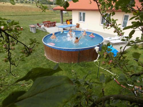 HeřmaničkyHoliday House Adrelot的一群人在院子里的热水浴缸中