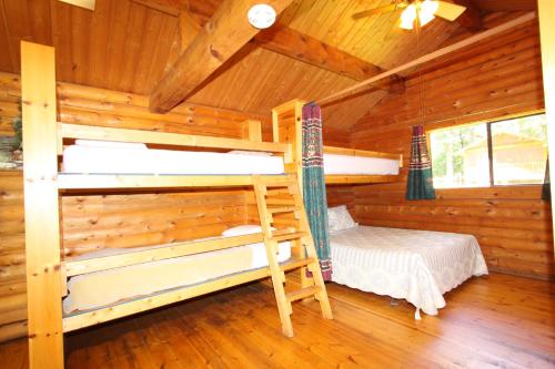 West SalemNeshonoc Lakeside Camping Resort的小木屋内一间卧室配有两张双层床
