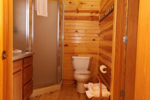 West SalemNeshonoc Lakeside Camping Resort的一间带卫生间和木墙的浴室