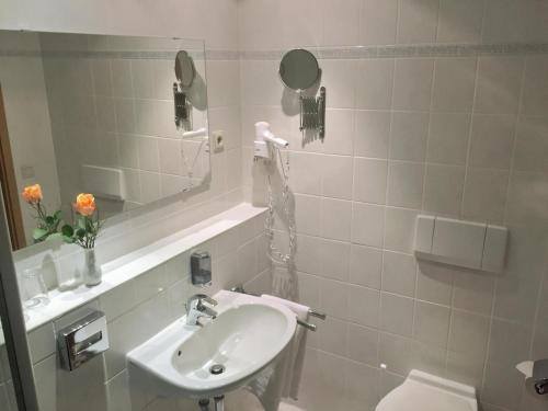 林巴-奥贝尔夫罗纳Schneiderlein Hotel的一间带水槽、卫生间和镜子的浴室