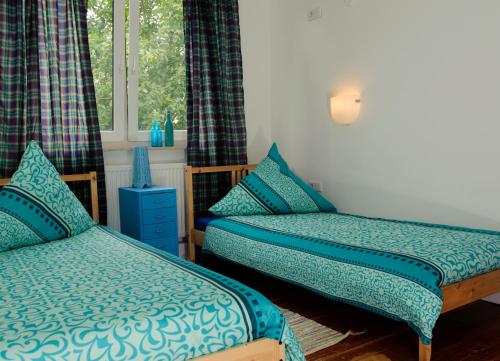 不莱梅Apartmenthaus Kornstrasse的一间卧室设有两张单人床和一个窗户。