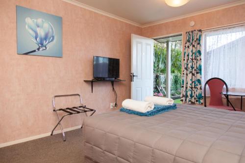 蒂库伊蒂蒂库伊蒂汽车旅馆的一间卧室设有一张床、一台电视和一个窗口。