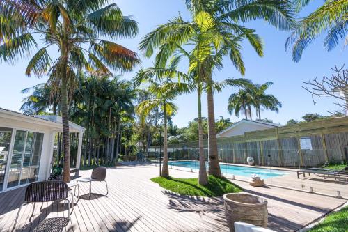 拜伦湾拜伦泉酒店的一个带棕榈树和游泳池的庭院