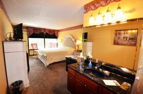 鸽子谷黎沃凯特山林汽车旅馆的浴室设有床、水槽和镜子