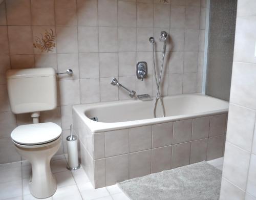 瓦门施泰纳赫Ferienhaus Müller的浴室配有卫生间和带淋浴的浴缸。