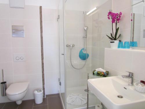 慕尼黑市容园林公寓 的带淋浴、卫生间和盥洗盆的浴室