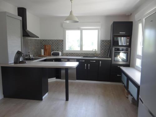 LabassèreLabassere的厨房配有黑色橱柜、水槽和窗户。