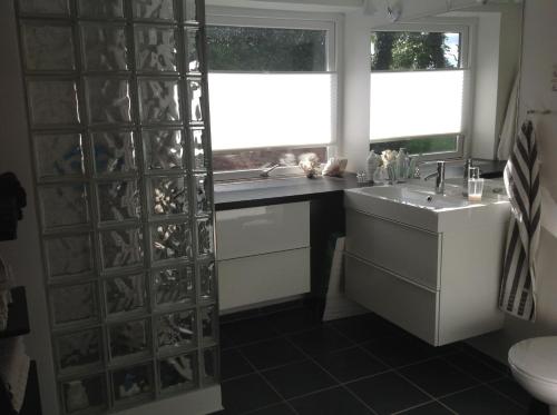 KjellerupLundgaarde Bed & Breakfast的一间带水槽的浴室和一个带窗户的柜台