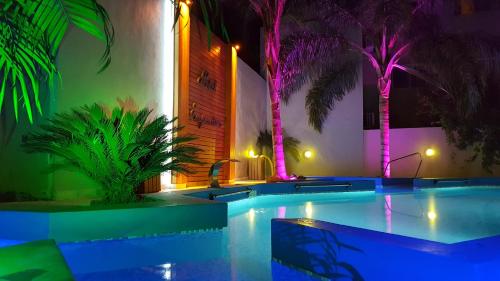特尔马斯德里奥翁多Hotel Termal Emperatriz Termas de Río Hondo的紫色和绿灯的游泳池