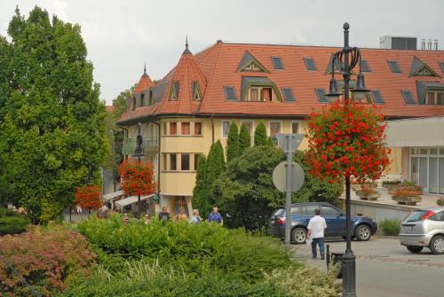 赫维兹Hotel Kalma的城市中一座有红色屋顶的建筑