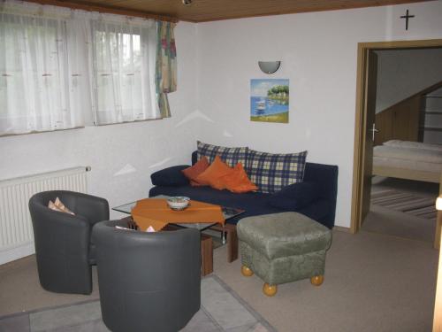 瓦门施泰纳赫Ferienwohnung Karlsruh的客厅配有蓝色的沙发和桌子
