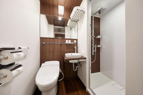 东京the b shimbashi toranomon的一间带卫生间和水槽的小浴室