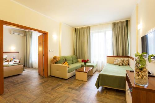金沙Ljuljak Hotel - Free Parking的酒店客房设有沙发和客厅。