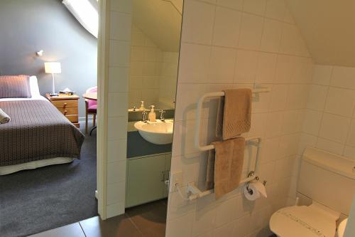 汉默温泉漂流者酒店的一间带水槽和卫生间的浴室以及一张床