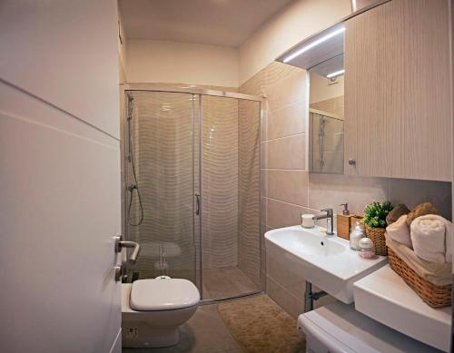 科佩尔Apartment Koper的带淋浴、卫生间和盥洗盆的浴室
