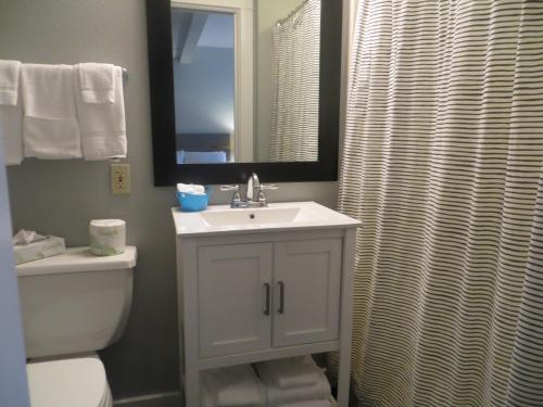 特拉弗斯城Brio Beach Inn的一间带水槽、卫生间和镜子的浴室